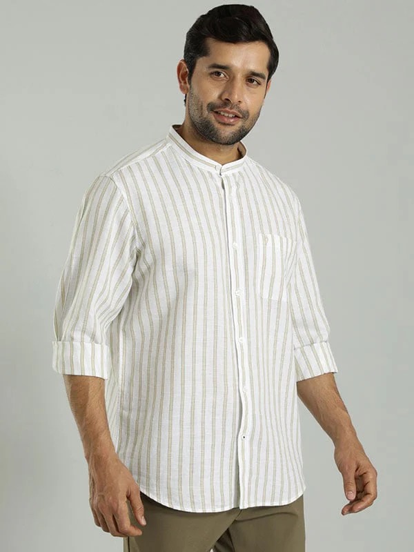 Indian Terrain Men's Regular Fit Full Sleeve Striped Off White Shirt